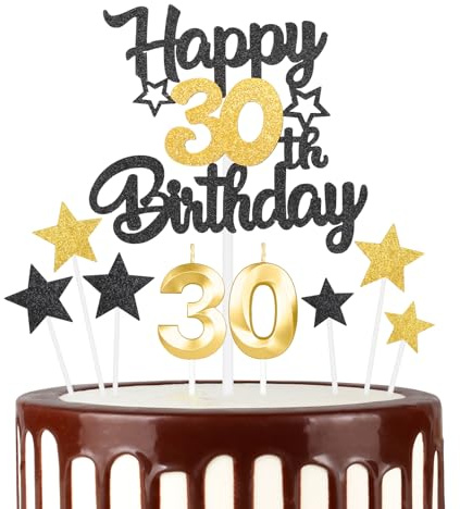 Schwarzgoldenes 30th Geburtstagskerzen Kuchenaufsatz Set, 3D Golden Zahl 30 Kerze für Kuchen, Mädchen Jungen 30th Geburtstag Dekorationen, Schwarzgoldenes Geburtstagsdekorationen für Mädchen Jungen