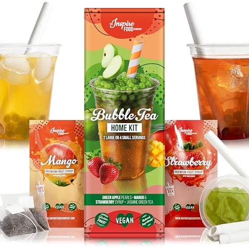 INSPIRE FOOD Bubble Tea Kit | Grüner Apfel Boba & Erdbeere Mango Sirup | Bubble Tea Kit mit Popping Boba Perlen und Fruchtsirup - 100% vegan und glutenfrei, ohne künstliche Farbstoff