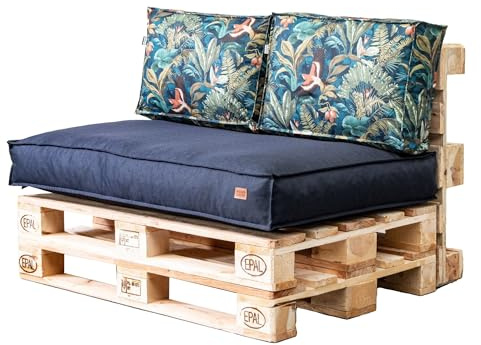 GoldenGroup Gartenset Kissen für Palettenmöbel Marineblau & Vögel - Strapazierfähiges Gewebe - Palettenkissen Set Gefüllt mit Schaumgranulat - 120x80x15 Sitzkissen - (2X) 60x40x15 Rückenkissen