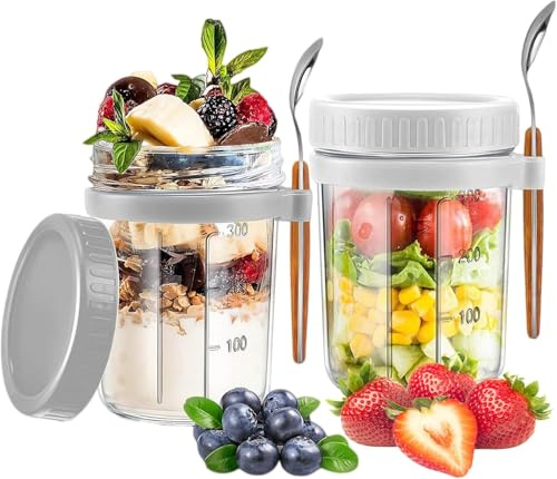 Aohcae 2 Stück Overnight Oats Gläser mit Deckel und Löffel, Joghurt Gläser mit Messmarken, Auslaufsichere Meal Prep Gläser BPA-frei spülmaschinenfest für Milch Salat Porridge