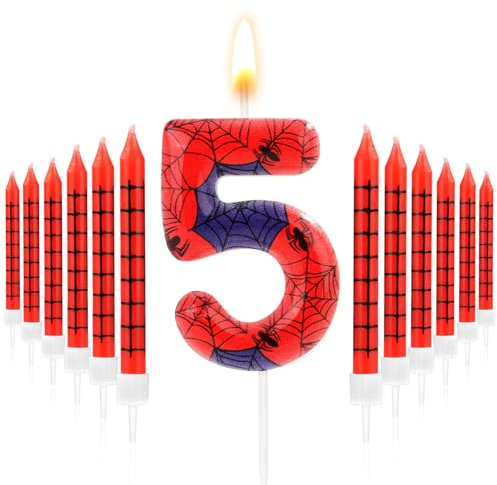 12pcs Bougies Imprimées en Toile d'Araignée et 1 Bougie Numéro, Rouge Bleu Bougie d'Anniversaire Araignée Bougie Araignée Décoration Gâteau Araignée pour Garçons Filles (Numéro 5)