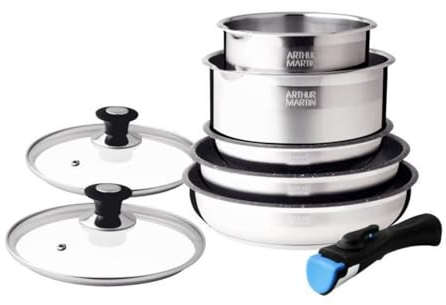 SHOP-STORY - AM2493 : Batterie de Cuisine 8 Pièces Arthur Martin Poêles et Casseroles en Inox avec Accessoires, Tous Feux Dont Induction