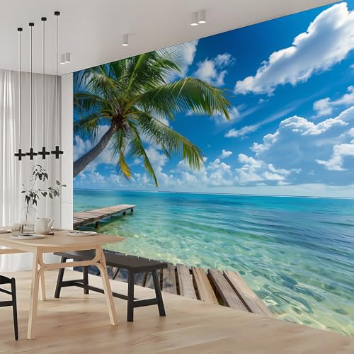 Générique Papier Peint Intissé Paysage Marin Palmiers Bleu 200x140 cm 3D Panoramique Papier Peint pour Salon Chambre Décoration Murale Pour Adolescents et Enfants Murale