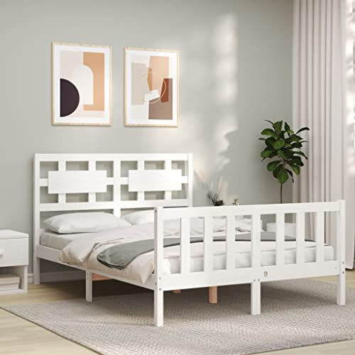Sufrk Massivholzbett mit Kopfteil Bettgestell Bed Frame Holzbett Kopfteil Bett Schlafzimmer Bett Massivholzbetten Weiß 120x200 cm - 3192552