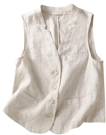 Chalecos de lino y algodón para mujer, color liso, con cárdigan exterior, casual, cuello en V, chaleco para ir al trabajo con traje