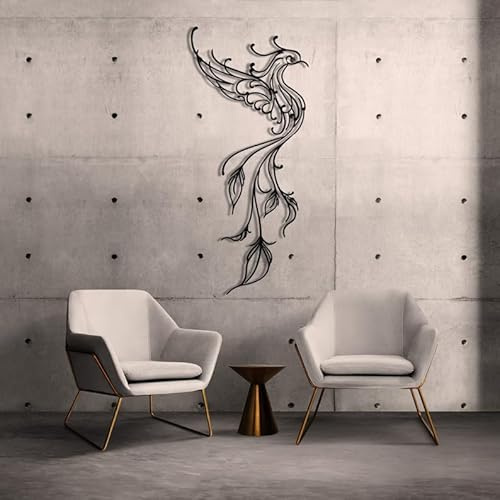 NORTH KAISER Decoración Pared Metálica | Arte Mural Metal Minimalista Fénix | Escultura Pared Negro Para Dormitorio, Sala De Estar Y Oficina (60 x 26 cm)