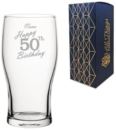 Personalised Engraved Pint Glass, Happy 50th BirthdayHandwritten Design, Classic Tulip Glass, 20oz or 570ml Capacity, Customise with Any Name, Gift Boxed