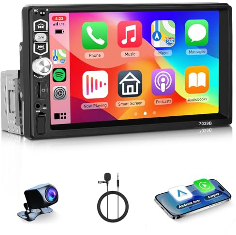VECHTEL Autoradio Bluetooth avec Carplay Android Auto Câblé, Autoradio 1 Din à Écran Tactile de 7 Pouces, Radio FM, Support Mirror Link, USB, Commandes au Volant, Micro, Caméra de Recul