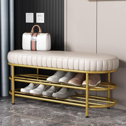 MARIYCH Goldene Schuhbank mit Kissen, 3-stufiges Schuhregal, Aufbewahrungsorganisator für den Eingangsbereich, gepolsterte Bank aus Kunstleder für Flur, Wohnzimmer, gepolsterte Bank am Bettende