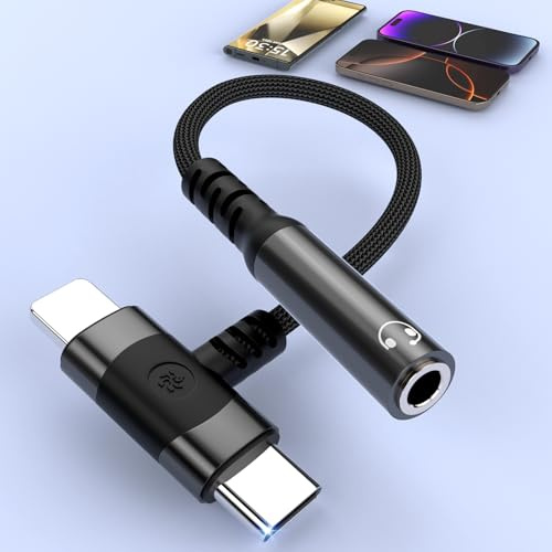 2 in 1 Light-ning+USB C to 3.5mm Headphone Jack Adapter for iPhone, USB C and Lighting Aux Audio Splitter Cable Adapter iPhone Headphone Jack Adapter for iPhone 16 15 14 13 12 11 XR/iPad/iPad/Samsung