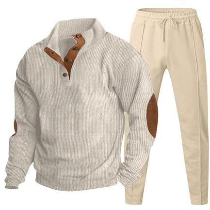 Conjunto de chándal de punto acanalado beige para hombre, suéter y pantalones deportivos con botones de un cuarto, elegante detalle de parche en el codo, tela suave y cómoda, traje de dos piezas