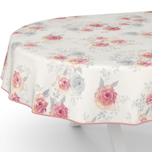 Wachstuchtischdecke Wachstischdecke Wachstuch Tischdecke abwaschbar Gartentischdecke Wasserabweisend Oval 180x140cm mit Saum (Eingefasst) Rosen