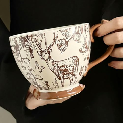 Huiyiwert 450ml Große Müslitasse Frühstücksbecher Handbemalte Elch Motiv Porzellanbecher Weihnachten Kaffeebecher Haferflockentasse Müslibecher für Mutter Oma Ehefrau Tochter (Braun)