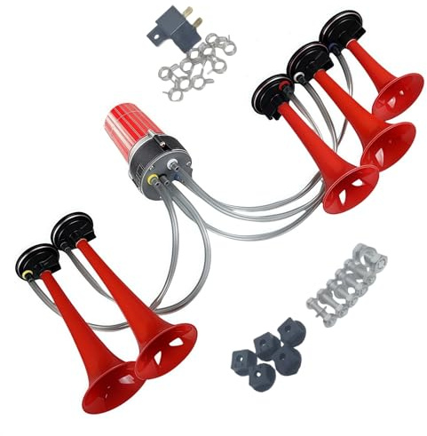 YIYIDA Lufthupe, 160 dB, Musikhupe, Lautsprecher, 5 Röhren, rote Wiedergabe, Dixie-Musik, Autohupe mit Luftpumpe, Warnalarm, einfache Installation, Trompete für 12 V Auto, LKW, Schiff, Boot, Motorrad