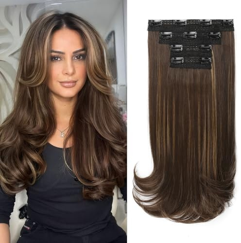 REECHO Clip-in Extensions - 4PC Hair Extensions Clip in Haarverlängerungen 40 cm, Layer-Cut, natürlich aussehende Haarteile mit unsichtbarem weichem Tressenband - Dunkelbraun mit Strähnchen
