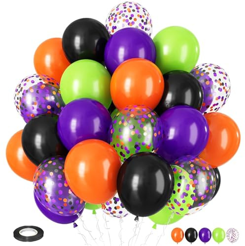 KOBOKO Halloween Deko Luftballons Set, 50 Stk 12 Zoll Deko Halloween Luftballon Girlande, 30 cm Luftballons Orange Grün Lila und Schwarz Party Deko, Konfetti Helium Ballon für Geburtstag Jubiläum Deko