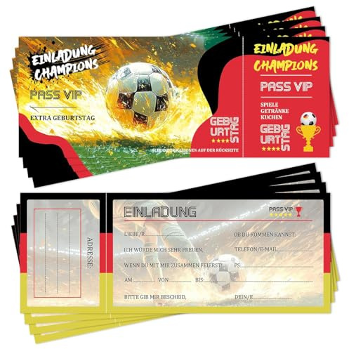 Hibarby Einladungskarten Kindergeburtstag 12x Fußball Champions A6, Football Pass VIP Geburtstagseinladungen für Jungen und Mädchen, Fussball Geburtstag Einladung für Themed Party