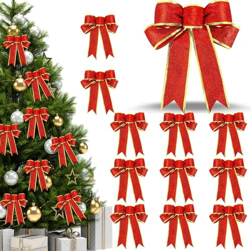 12 Stück Glitzer Weihnachtsbaum Schleifen, Rote Schleifen Weihnachten, Weihnachtsschleifen Deko, Weihnachtsbaum Deko für Weihnachtsbäume zu schmücken, DIY Weihnachtsgirlanden, Party Dekoration