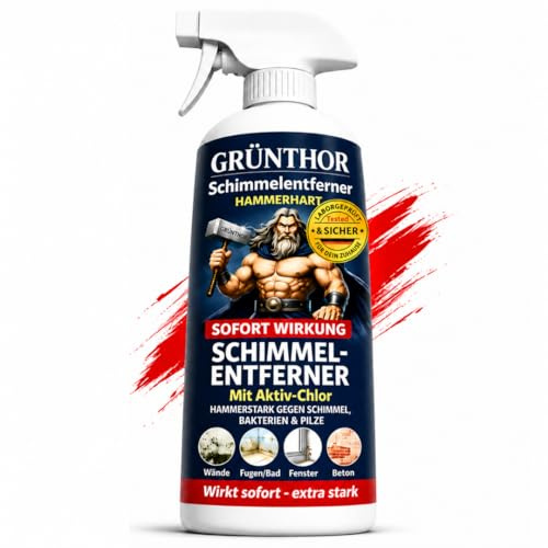 GRÜNTHOR Schimmelspray Hochleistungs-Schimmelentferner mit 2,4% Aktiv-Chlor gegen Schimmel & Stockflecken, Ideal für Silikonfugen, Bad/Dusche, Fliesen, Wände, Decke Deutsche Marke