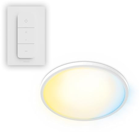 PHILIPS Superslim Deckenleuchte inkl. Fernbedienung, 5 voreingestellte Lichtszenen, stufenloses Dimmen bis zu 1%, einfache Steuerung& Installation, schlankes Design, 29,1 cm, 16 W, rund, weiß