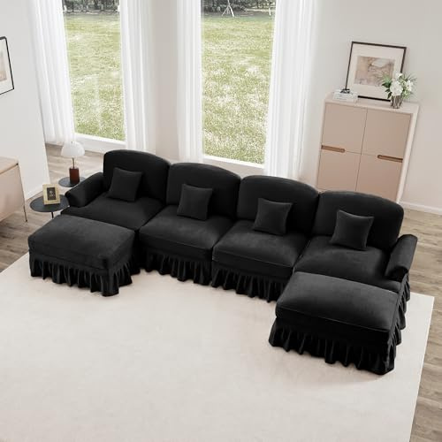 Ligterra Wohnlandschaft U Form, Modulares 4 Sitzer Sofa, mit 2 Ottomane, Trichter-Armlehnen, Abnehmbarer Rüschenschürze & Beweglichem Hocker, Chennille-Stoff, 350×140×93cm (Schwarz)