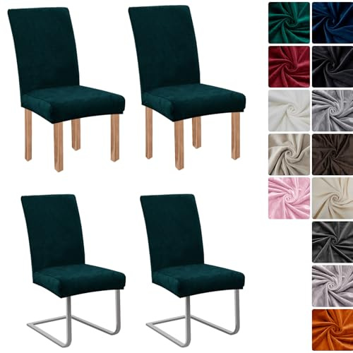 Stuhlhussen Samt 4er Set, Hussen Für Stühle, Stretch Stuhlbezug, Bohnengrün | Universell Stuhlhussen Schwingstühle, Waschbarer Stühle Schutz Für Esszimmer Küche Restaurant Hotel Bankett Hochzeit Party