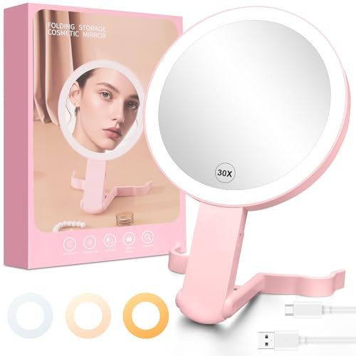 AUAUY Travel Makeup Mirror with Lights, Double Sided 30X/1X Magnifying Mirror, 3 Color Lights, Brightness Adjustable, 360° Free Rotation, Foldable Handheld Makeup Mirrors for Desk, Travel Use (Pink)