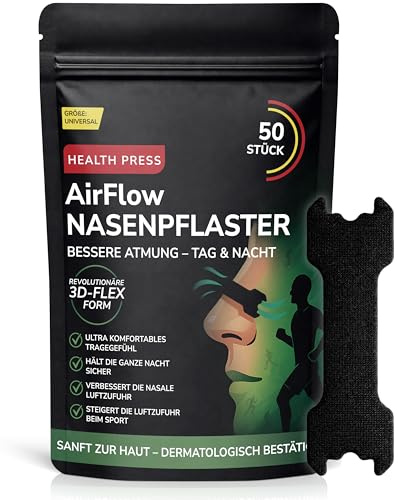 Health Press® Näsplåster svart 50 stycken – snarkstopp och anti-snarkning nästrips, bättre andning dag och natt, extra innehåll för sport, näsremsor