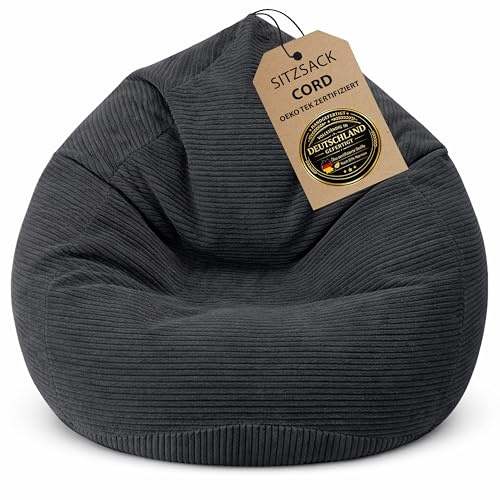 BuBiBag Premium Sitzsack Cord XXL – Fertig befüllt & Oeko-Tex Zertifiziert – Kratzfester Breitcord Gaming Sessel – Robuster Bean Bag für Kinder & Erwachsene – Pflegeleicht (Anthrazit 120x95cm)