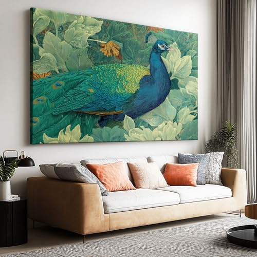 Leinwand Bilder Wandbild 160 x 80 cm – Retro Handgezeichnetes Tier Pfau, Kunstdruck auf Leinwand, Ideal für Wohnzimmer Schlafzimmer oder Flur Leinwandbild Wanddeko