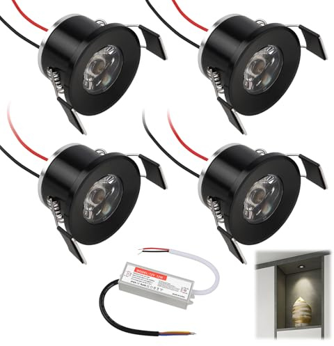LED Einbaustrahler 12V 2W Mini Spots Warmweiß, Deckenspots IP65 Wasserdicht Ø 25-28mm, LED Einbauleuchten für BadezimmerTreppen und Schlafzimmer mit 230V Trafo – 4er Set (Schwarz, Warmweiß 3000K)