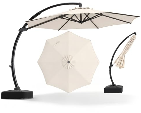 COSTWAY Sonnenschirm mit Ständer, 330 cm Alu Ampelschirm mit Kurbel | 360° drehbar, Neigungswinkel stufenlos verstellbar, großer Gartenschirm, Terrassenschirm für Garten, Terrasse, Beige
