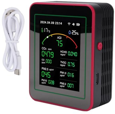 Monitor della qualità dell'aria, tester WiFi CO2 TVOC HCHO PM2.5 15 in 1 (Nero Rosso)