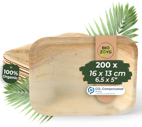 BIOZOYG Einwegteller 200 Stück 16 x 13 cm - Palmblatt Teller Wegwerfgeschirr rechteckig & kompostierbar - Einweg Partygeschirr, Alternative zu Plastiktellern