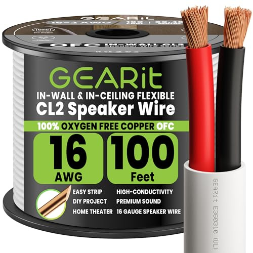 GEARit Speaker Cable 2x1.5mm² 30.48m/100 ft, OFC 16 Gauge Speaker Wire UL CL2 Rated, Copper Wire with Red/Black Color Coded, for in-Wall Home Cinema, School, Church & Commercial Audio(White)