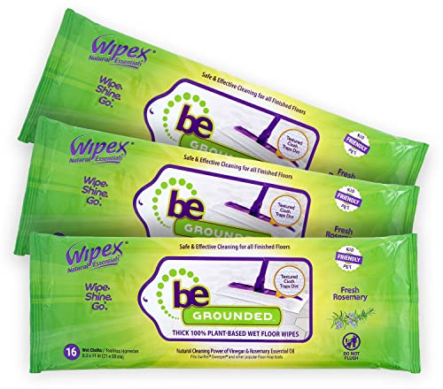 Wipex Wet Floor Wipes - Natural Wet Mop Pads Fit Swiffer Sweeper Mop - Rosemary Essential Oil & Vinegar & Plant-Based Textured Cloth Trap Absorb Dirt, Floor Cleaner Pads, 16 Count (Pack of 3)