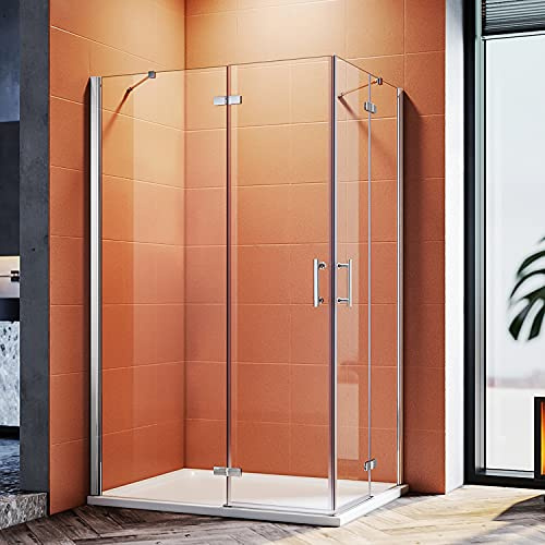 SONNI Eckduschkabine 100x90 cm mit Scharniertüren aus 6 mm Nano-ESG, Silber | 6 mm Nano-ESG mit Nano-Beschichtung, Edelstahl-Stabilisierungsstange, rahmenloses Design, Türen nach außen öffnend