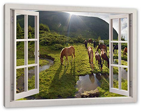 Pixxprint Pferde auf Wiese, Fenster, Größe: 100x70cm, Leinwandbild, fertig gespannt, Wandbild, Dekoration, Kunstdruck, kein Poster