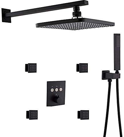 GLYYR Thermostat Messing Duschsystem mit 4 Dusche Massage Seite Spray und Embedded-Box 305 * 203 mm 3 Funktionen Brausegarnitur, Schwarz