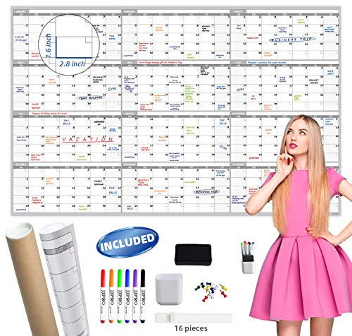 Grand calendrier mural effaçable à sec – 152,4 x 96,5 cm – Planificateur annuel vierge non daté – Tableau blanc géant de 12 mois – Calendrier laminé de qualité supérieure pour salle de classe, bureau,