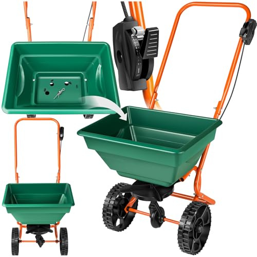 tectake® Esparcidor de Abono, Semillas, Fertilizante, Sal y Arena para Jardín, con Ruedas Grandes, Kit Jardineria y Carretilla Plegable, Volumen de 25 L - 75 x 46 x 105 cm