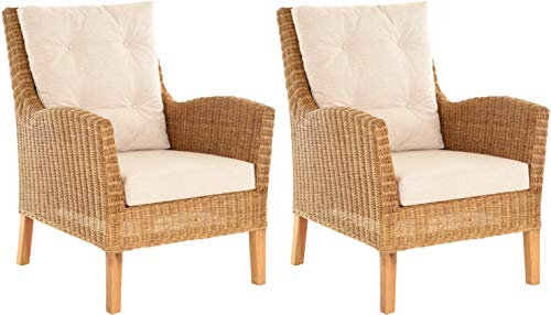 Krines Home Set/2 Eleganter Rattansessel inkl. Polster, Wohnzimmersessel aus echtem Rattan (Honig Dunkel)