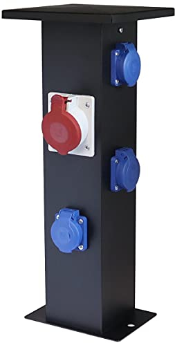 WITTKOWARE Alu-Steckdosensäule für Festinstallation, Standverteiler bestückt mit 3X 16A Schutzkontakt-Steckdosen und 1x 16A CEE-Steckdose, Farbe schwarz