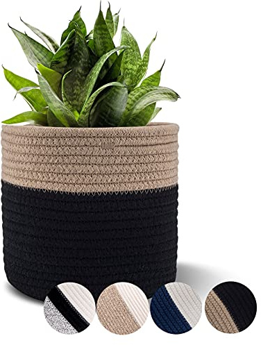 Oradrem Woven Cotton Rope Plant Basket for 6 Flower Pot Floor Indoor Planters Flower Pot,Home Decor Storage Organizer H6 3/4 x W6 1/2 Black&Brown