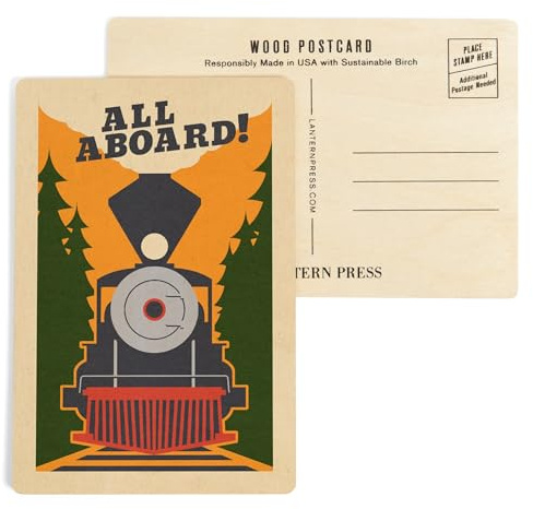 Train, All Aboard, Woodblock (4x6 Birch Wood Postcards, 2-Pack Stationary, Rustic Home Wall Decor)