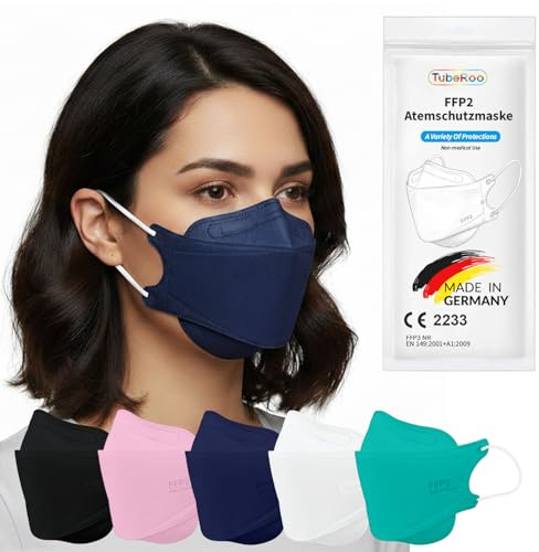 TubeRoo FFP2 Lot de 20 masques bleu foncé en forme de poisson - Fabriqué en Allemagne - Certifié CE - Boucles d'oreilles souples - Élastique - Masque respiratoire - Masque de poisson