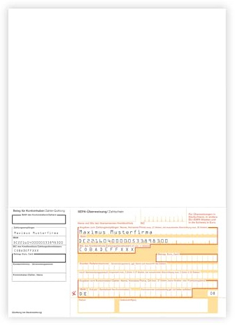 Litfax SEPA-Überweisung Zahlschein mit personalisiertem Überweisungsvordruck, 1000 Stück – DIN A4 mit Quittungs-Talon, bedruckt mit Wunschtext, Leicht zu trennen - Bankneutral in Deutschland