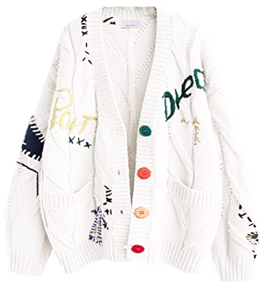 Women's Cable Knit Long Sleeve Open Front Cardigan Sheep V-Neck Button Down Embroidery Wool Blend Sweater Coat Outwear (2XL,White)
