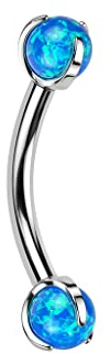 Piercing Barbell pour Sourcil en Titane et Opale - 2 Opales Serties 3 Griffes de Titane - Filetage Interne - (Opale Bleu)