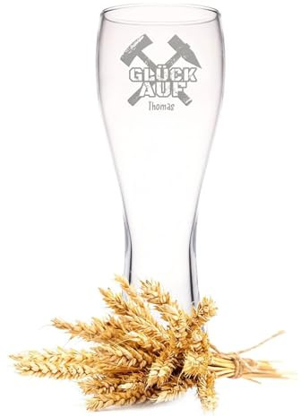 GRAVURZEILE Leonardo Weizenglas mit Gravur - Glück auf mit Schlägel & Eisen - Personalisiert mit Namen - Weizenglas zum Vatertag - Geschenk für Bergmänner - Geschenke für alle Zeche & Bergbau Männer